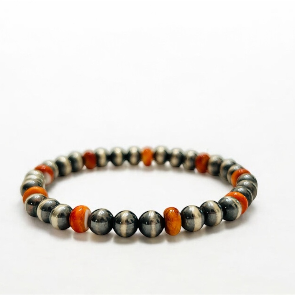 Bracelet Navajo Pearls Orange Spiny Oyster, Southwestern style sterling silver